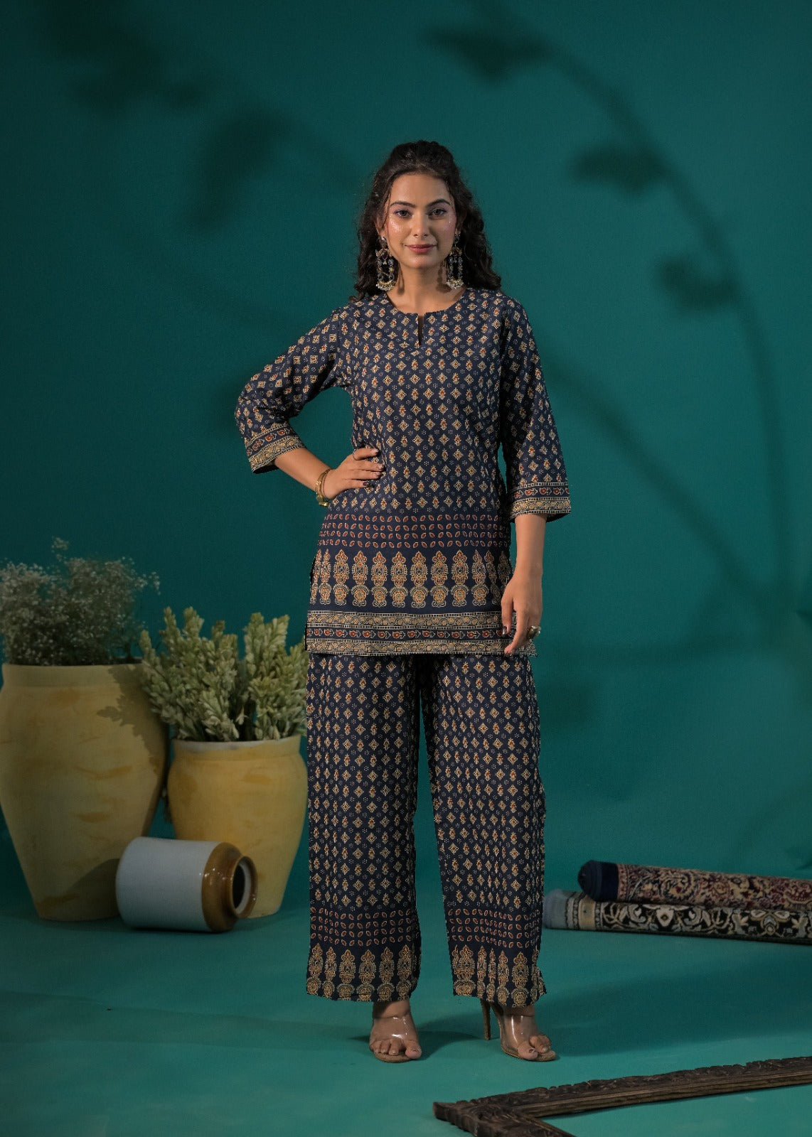 Women Ethnic Bandhani Printed Short Kurti with Wide Leg Palazzo Co-ord Set