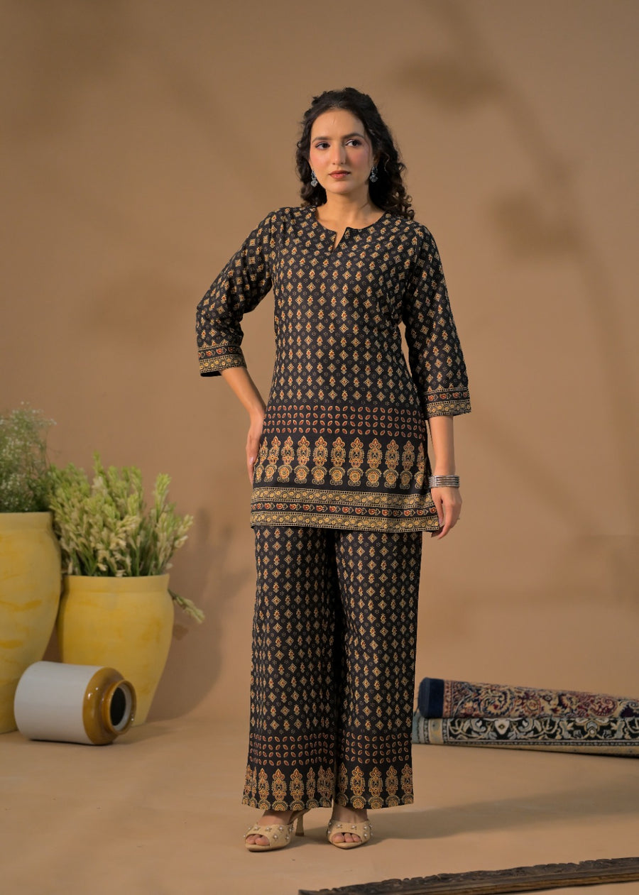 Women Ethnic Bandhani Printed Short Kurti with Wide Leg Palazzo Co-ord Set