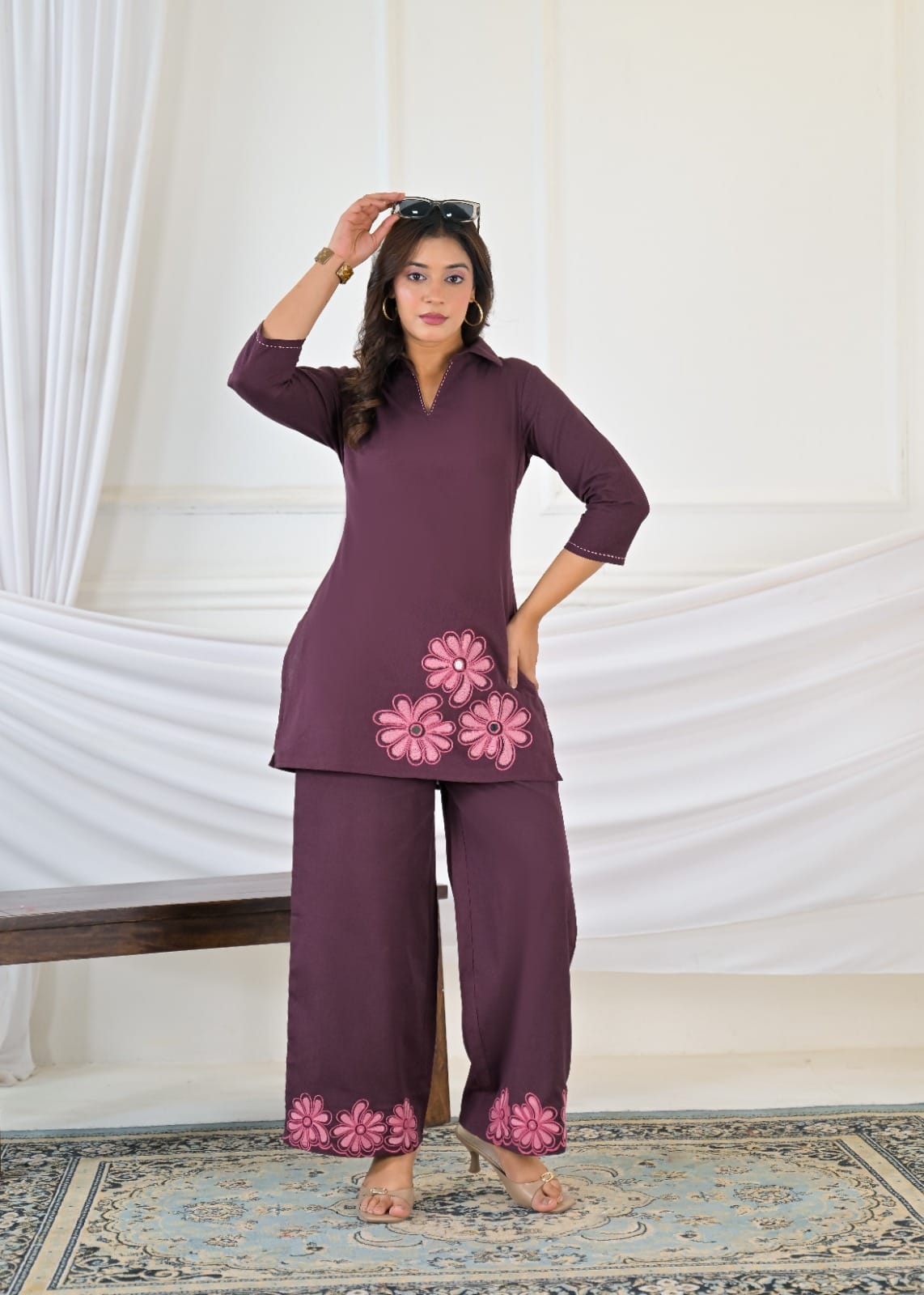 Women Floral Appliqué Collared Kurti with Flared Palazzo Co-ord Set