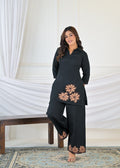 Women Floral Appliqué Collared Kurti with Flared Palazzo Co-ord Set