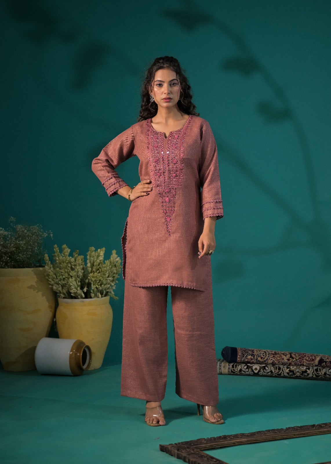 Women Pin-Tuck & Lace Detailed 2-Piece Collared Co-ord Set