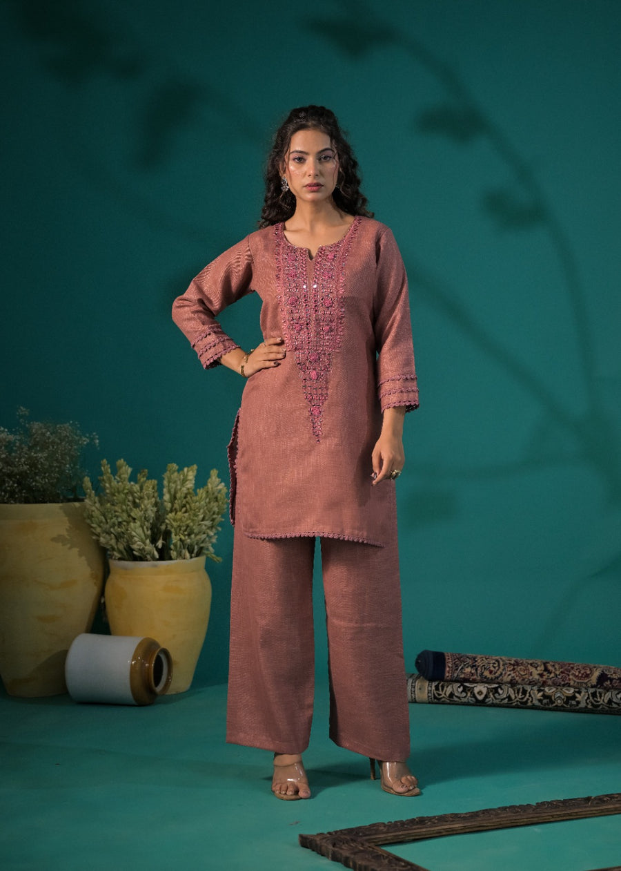 Women Pin-Tuck & Lace Detailed 2-Piece Collared Co-ord Set