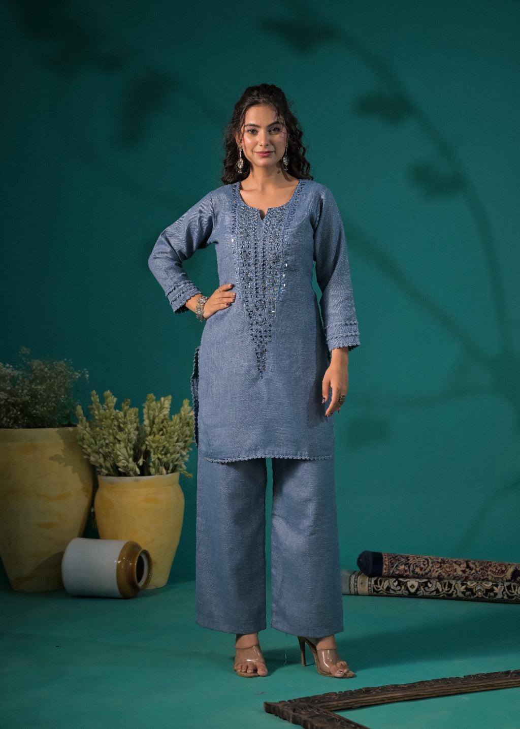 Women Pin-Tuck & Lace Detailed 2-Piece Collared Co-ord Set