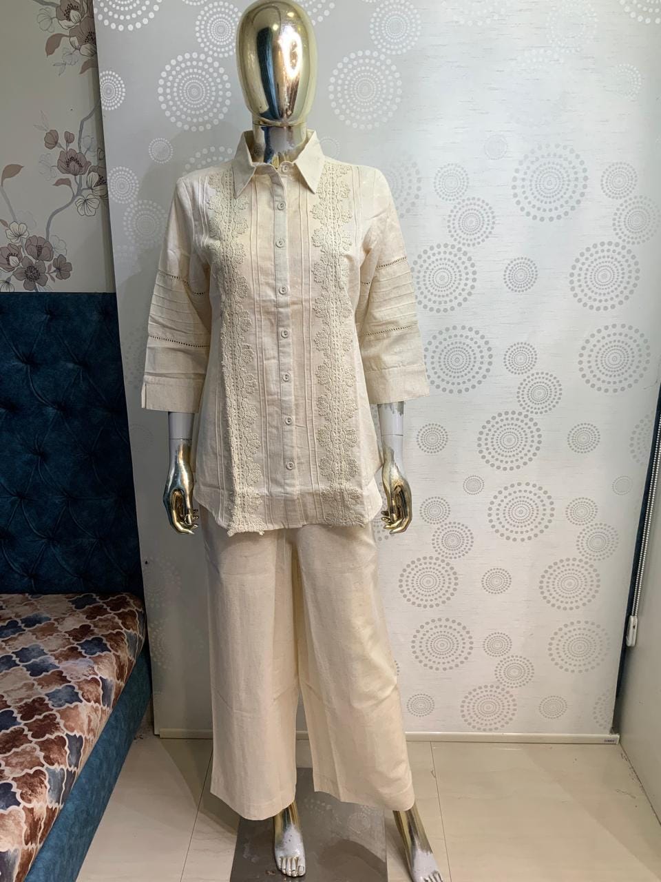 Women Pin-Tuck & Lace Detailed 2-Piece Collared Co-ord Set