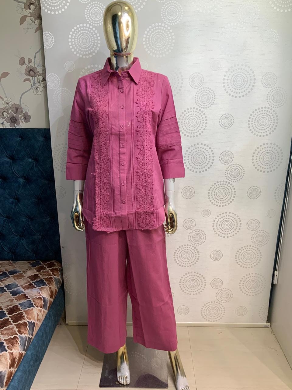 Women Pin-Tuck & Lace Detailed 2-Piece Collared Co-ord Set