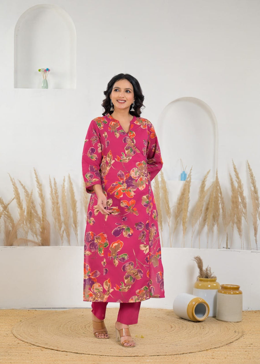 Women Floral Printed Angrakha Style Kurta with Pant Set