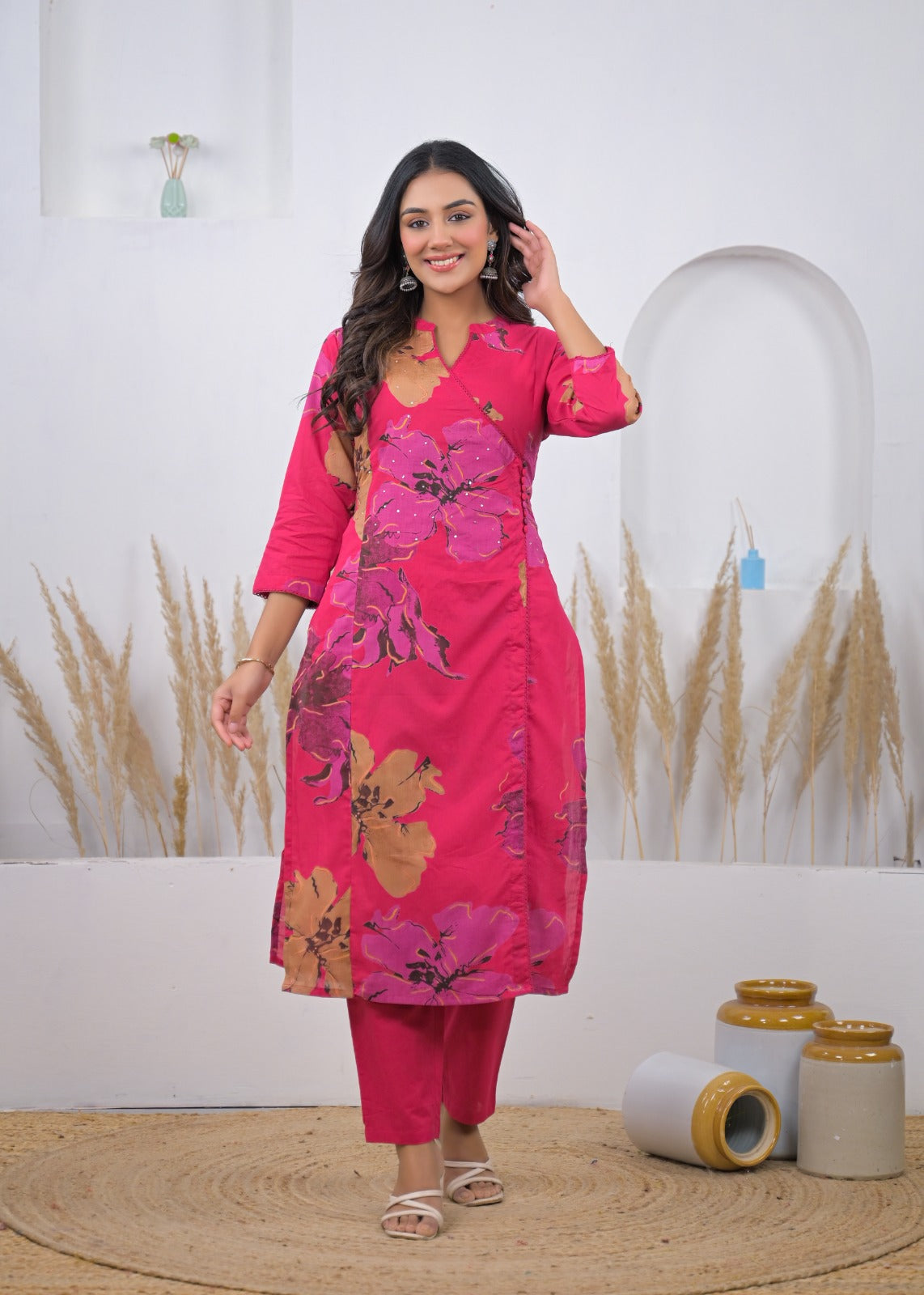 Women Floral Printed Angrakha Style Kurta with Pant Set