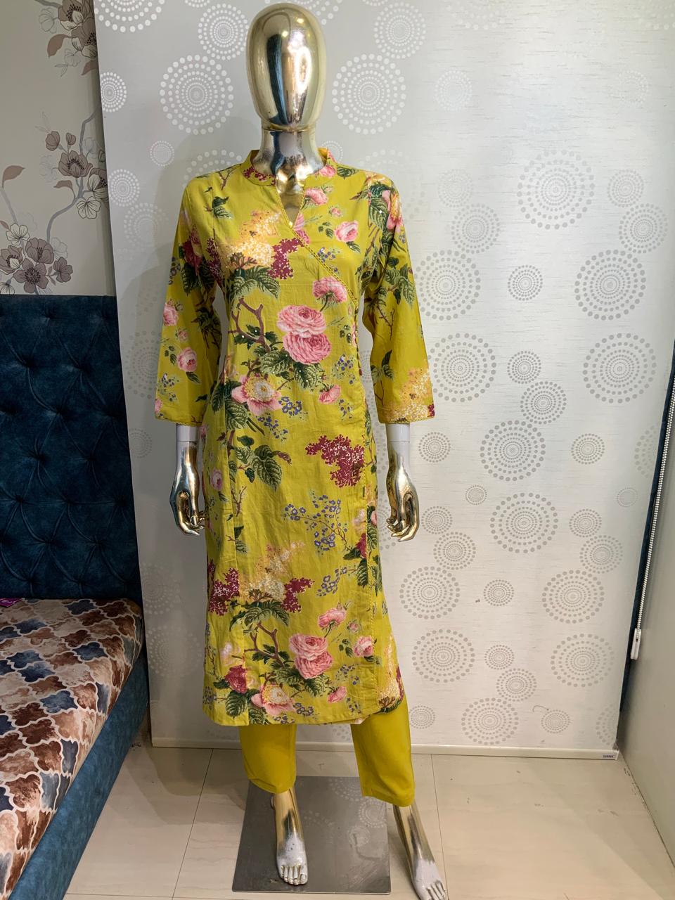 Women English Floral Printed Angrakha Style Kurta with Pant Set