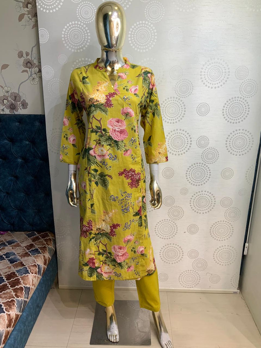 Women English Floral Printed Angrakha Style Kurta with Pant Set