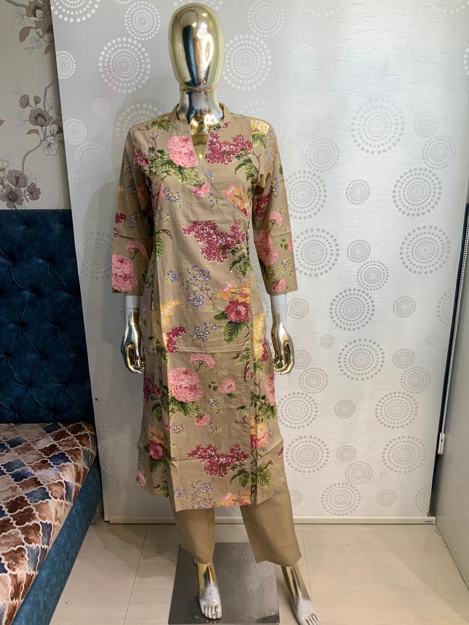 Women English Floral Printed Angrakha Style Kurta with Pant Set