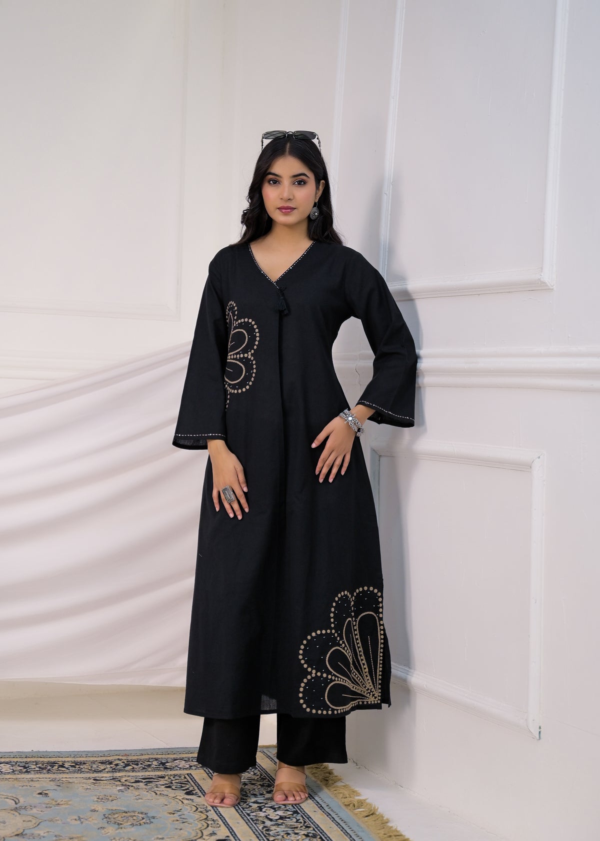 Women Embroidered V-Neck Straight Kurta with Pant Set