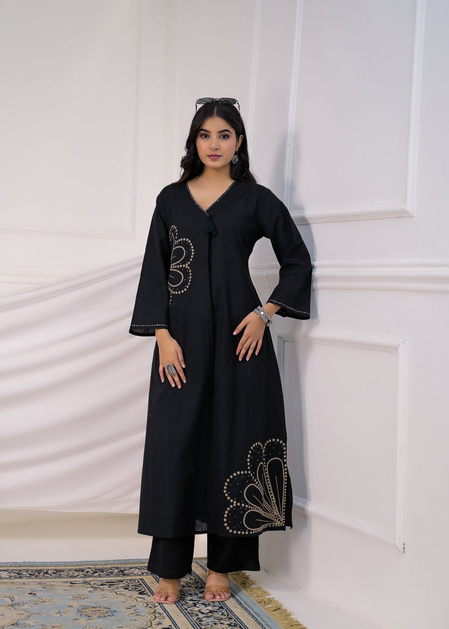 Women Embroidered V-Neck Straight Kurta with Pant Set