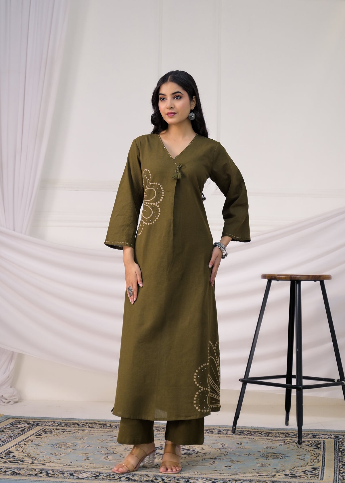 Women Embroidered V-Neck Straight Kurta with Pant Set