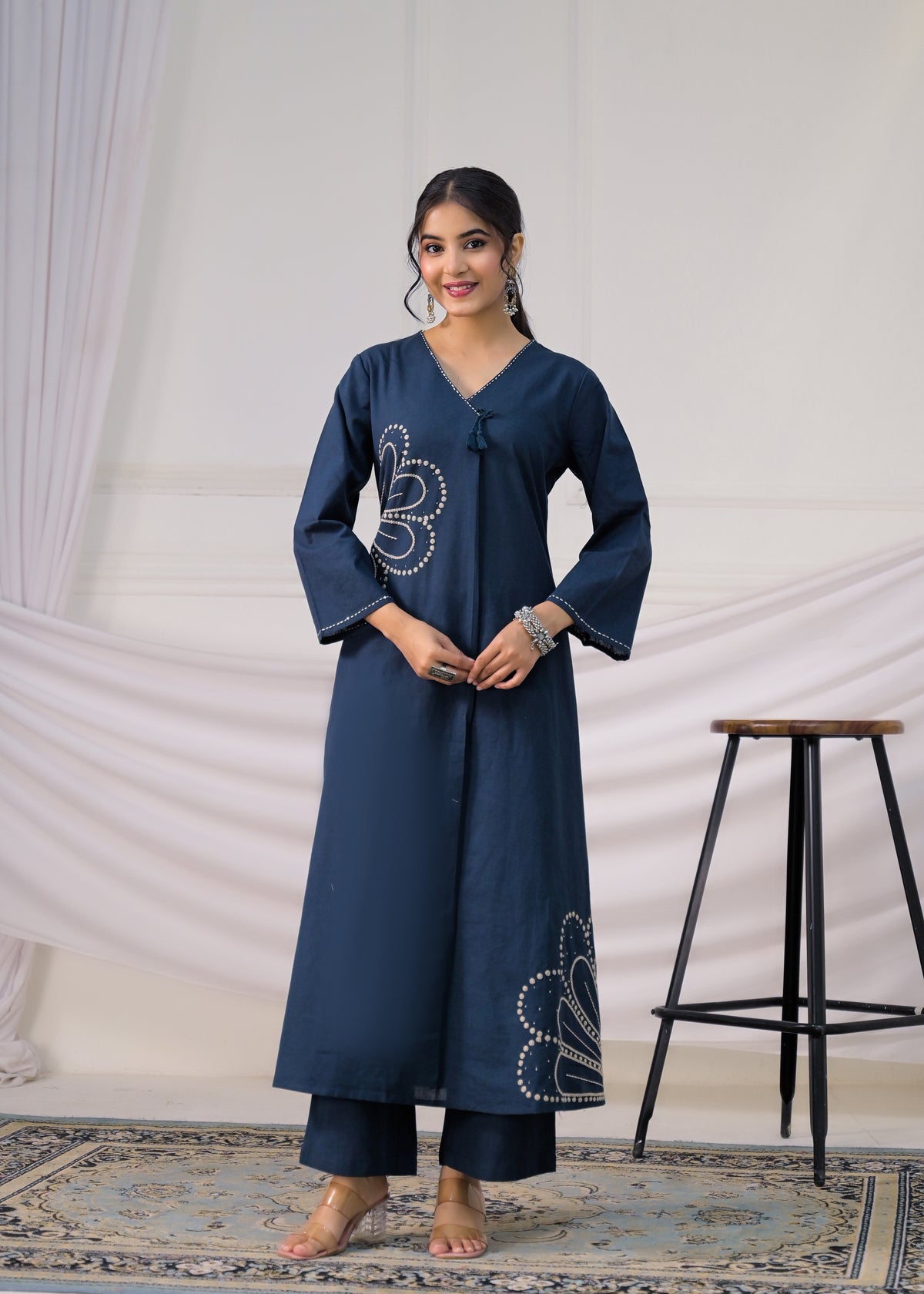 Women Embroidered V-Neck Straight Kurta with Pant Set