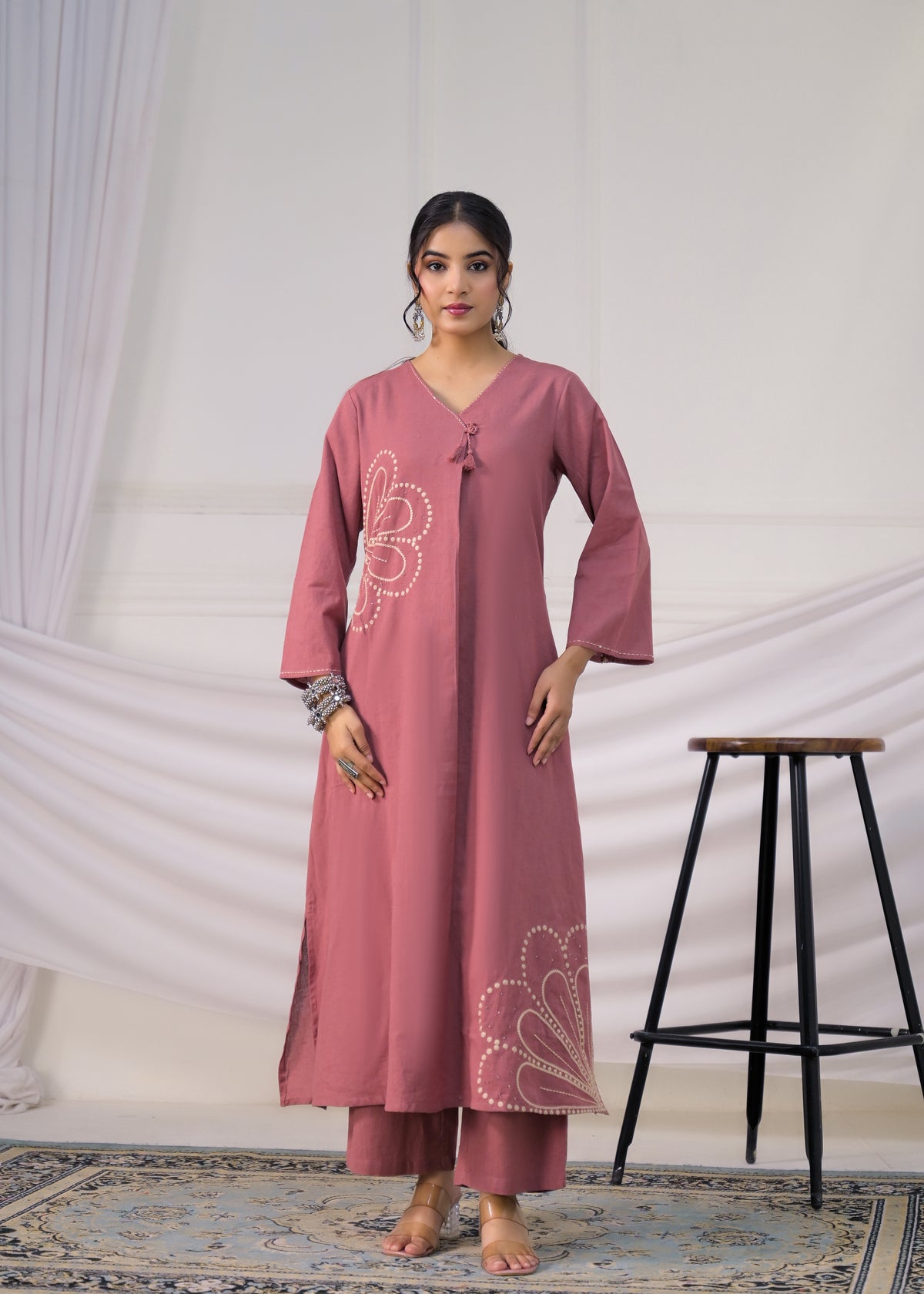 Women Embroidered V-Neck Straight Kurta with Pant Set