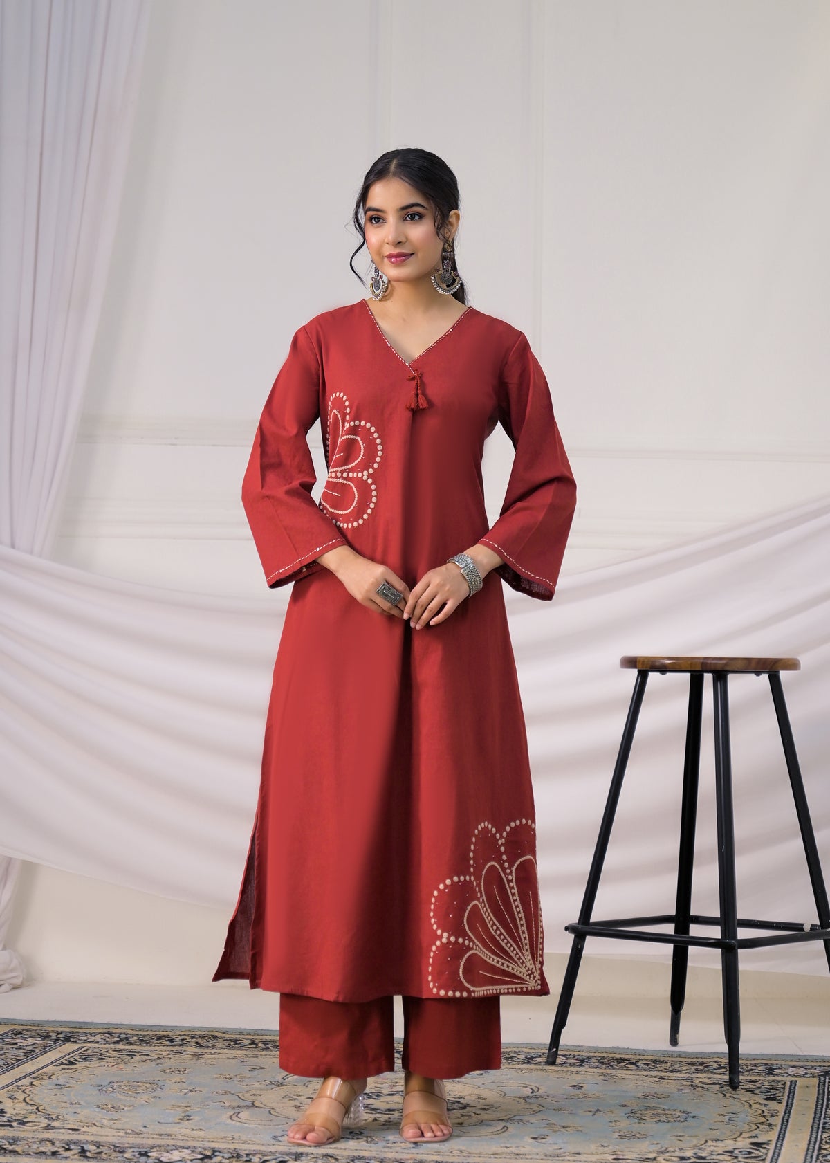 Women Embroidered V-Neck Straight Kurta with Pant Set