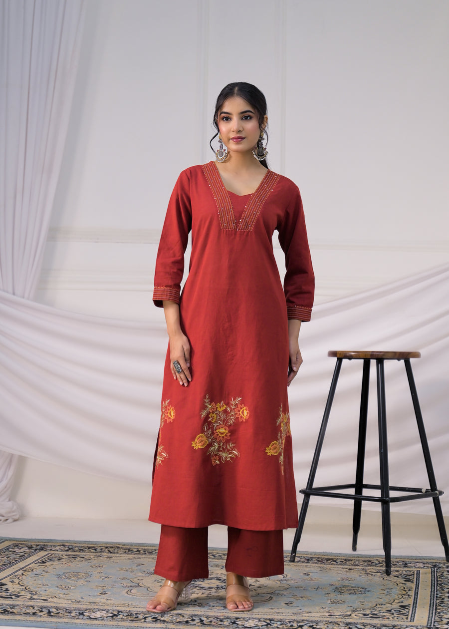 Floral Heirlooms V-Neck Kurta & Straight Pant Set