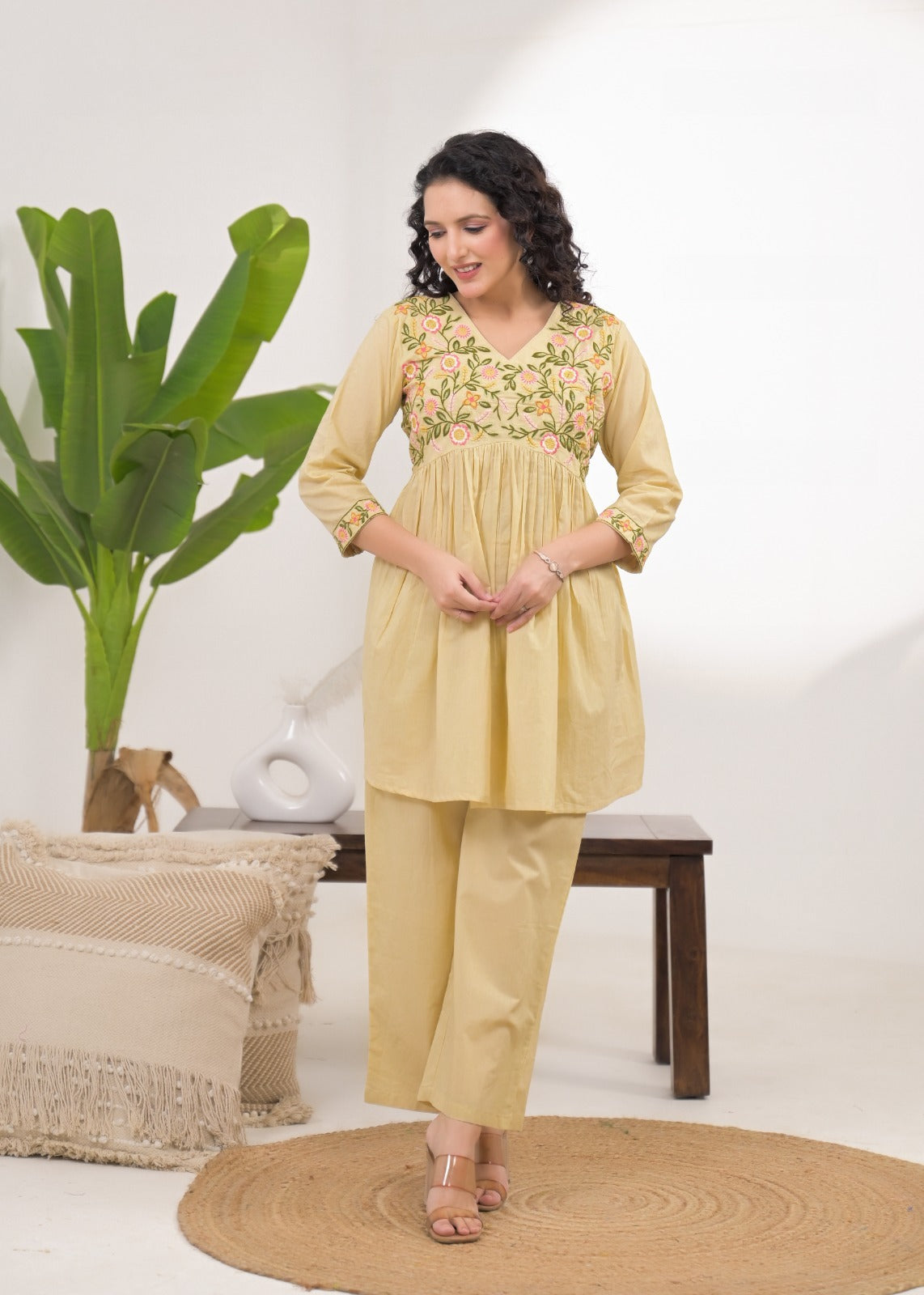 Women Embroidered V-Neck Peplum Style Kurta Pant Set