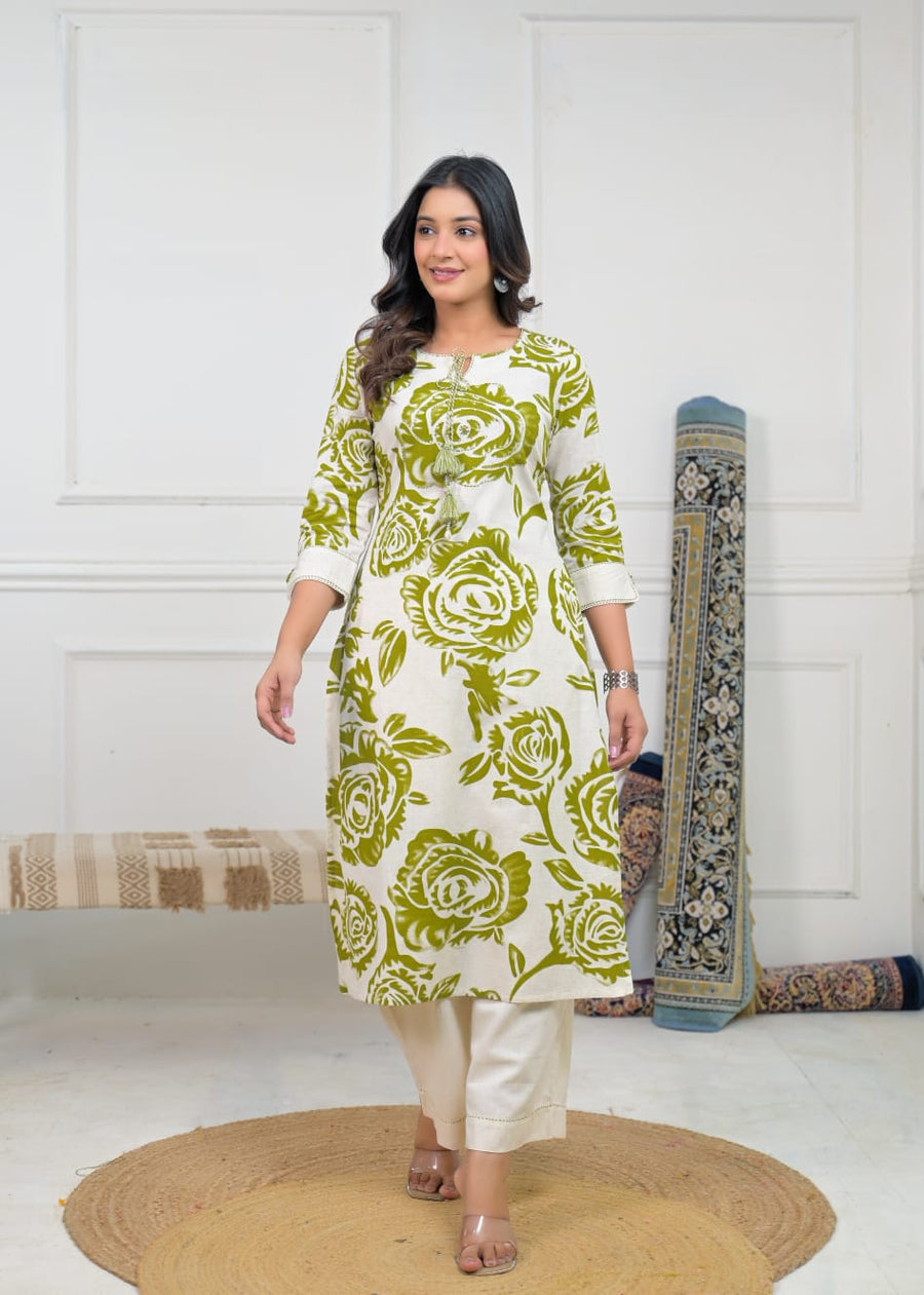 Women Floral Printed Cotton Straight Kurta with Pant Set