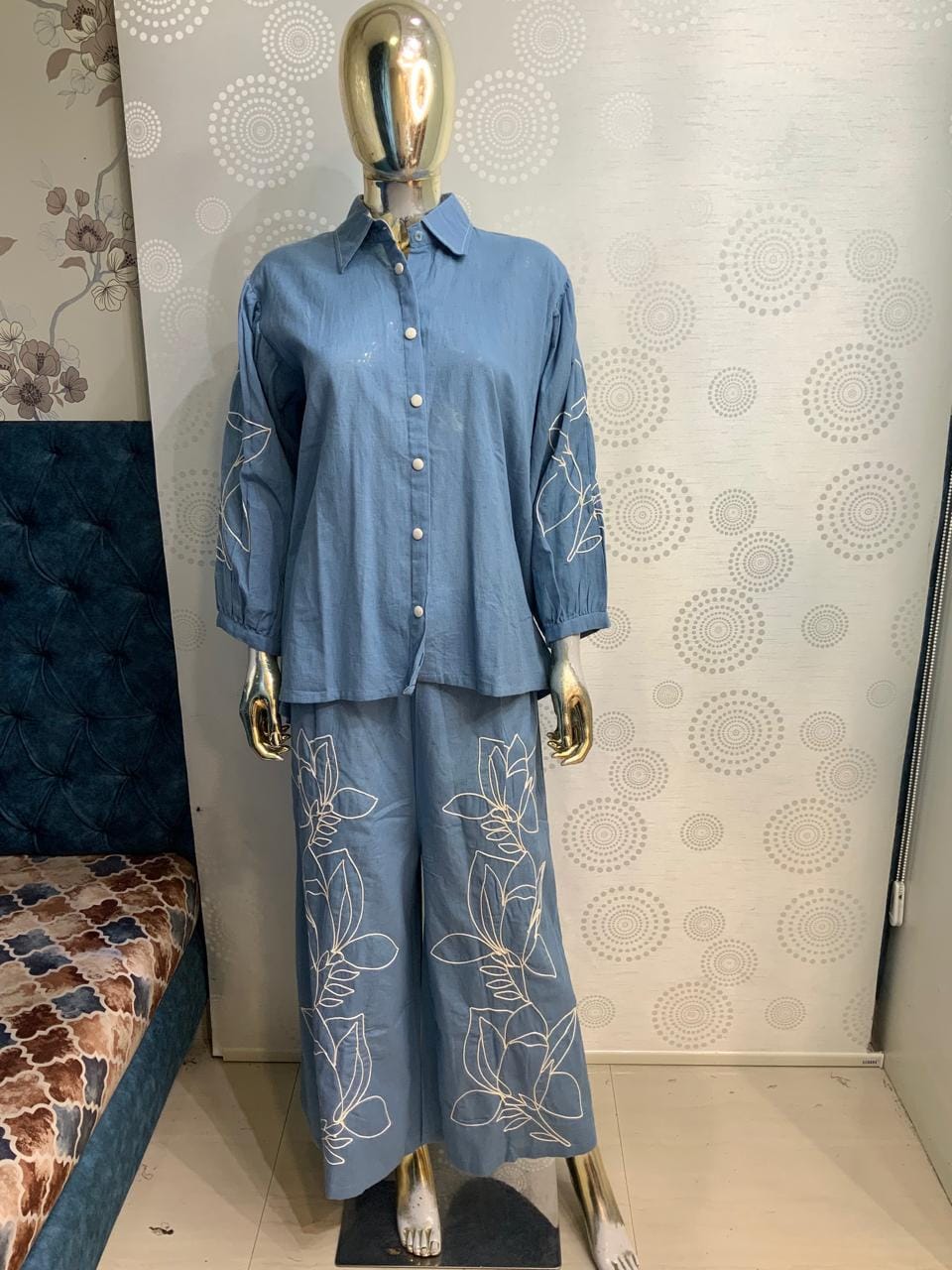 Floral Embroidered Shirt & Palazzo Co-Ord Set