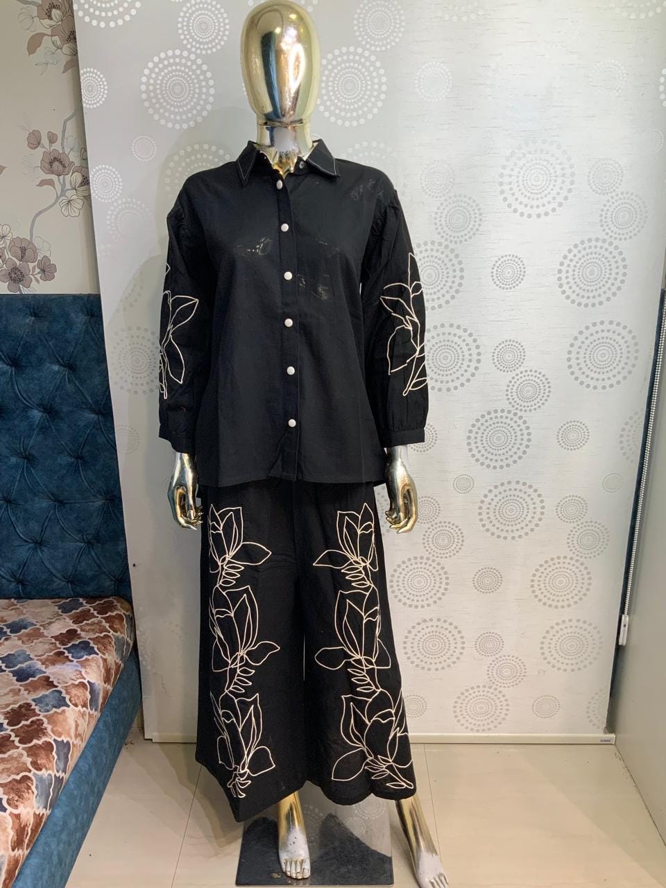 Floral Embroidered Shirt & Palazzo Co-Ord Set