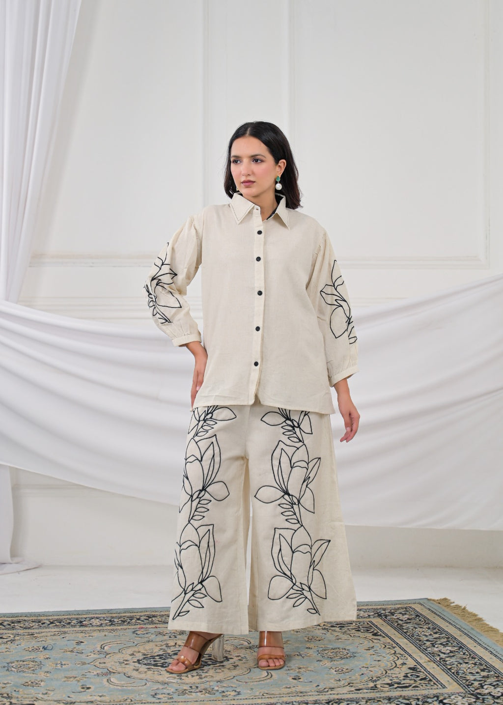 Floral Embroidered Shirt & Palazzo Co-Ord Set