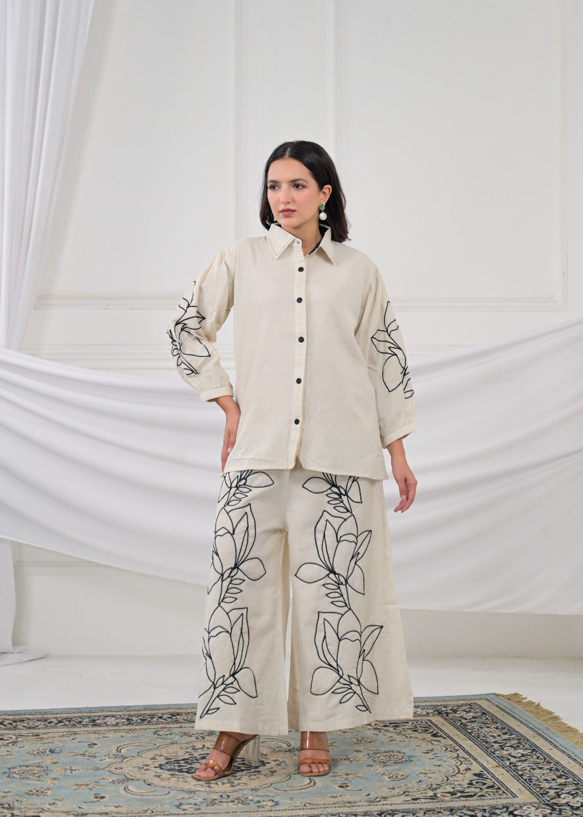 Floral Embroidered Shirt & Palazzo Co-Ord Set
