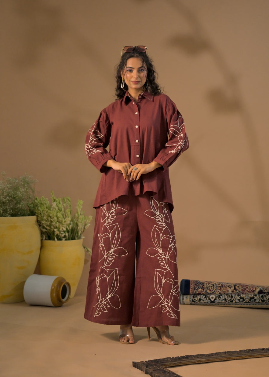 Floral Embroidered Shirt & Palazzo Co-Ord Set