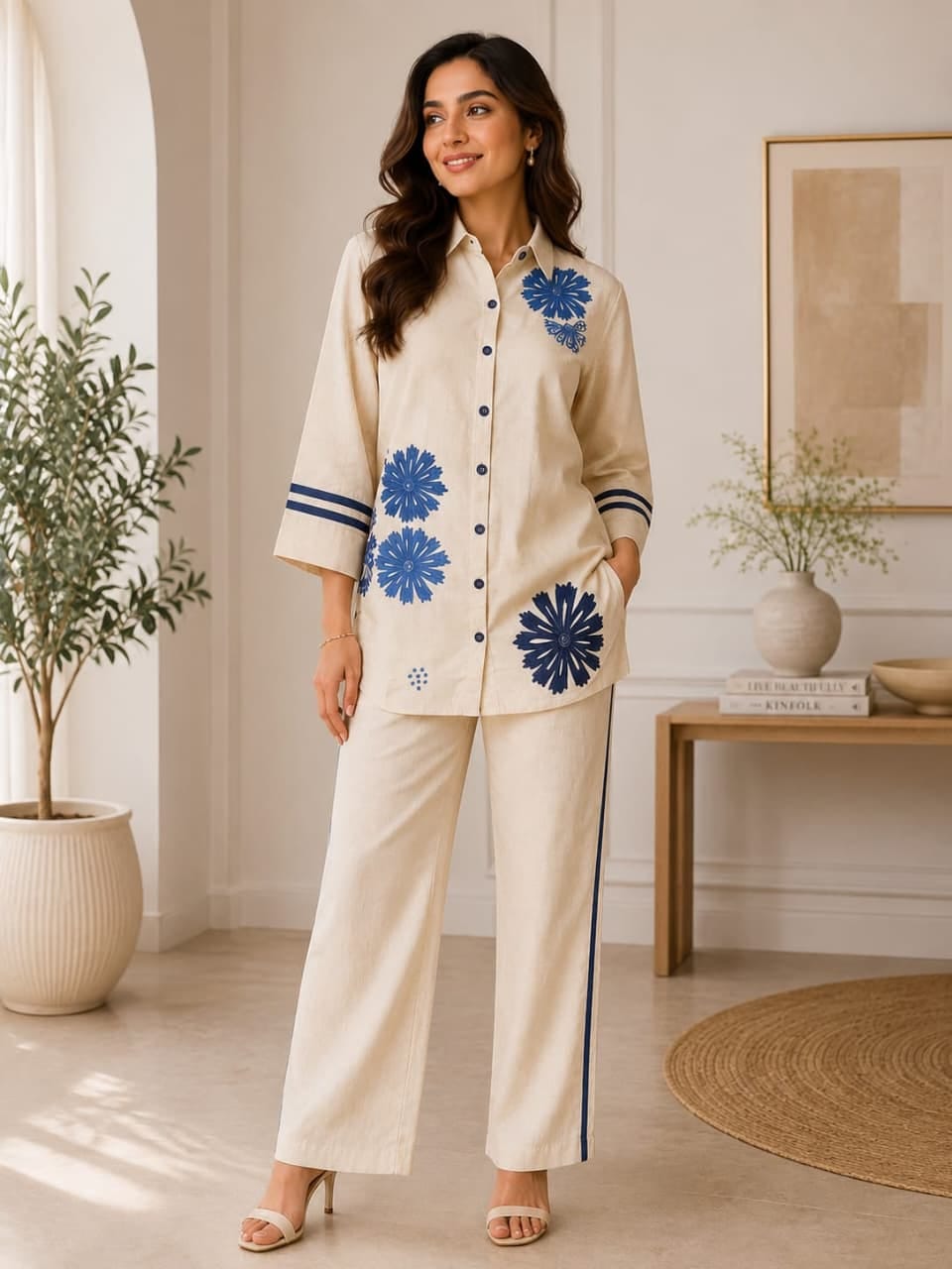 Women Embroidered Shirt Style Kurta & Palazzo Pant Set