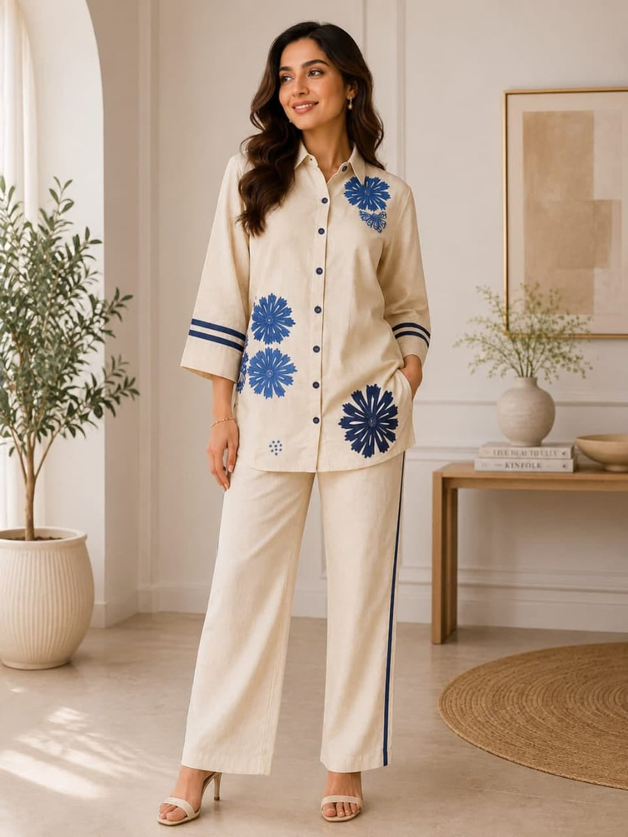 Women Embroidered Shirt Style Kurta & Palazzo Pant Set