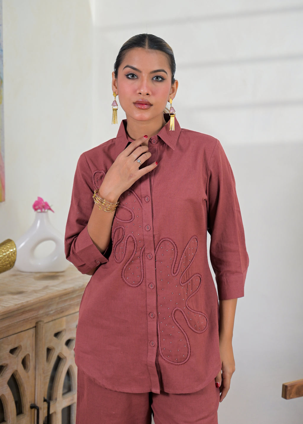 Embroidered Shirt-Style Co-ord Set
