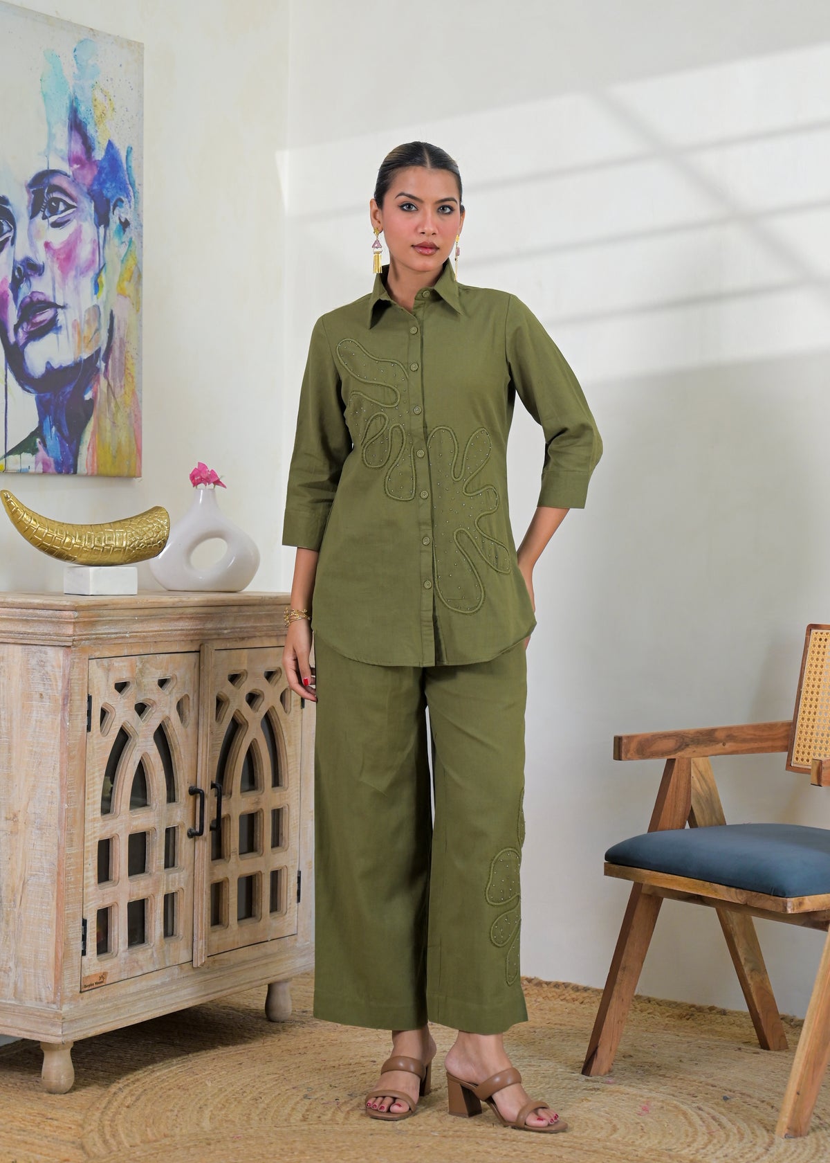 Embroidered Shirt-Style Co-ord Set