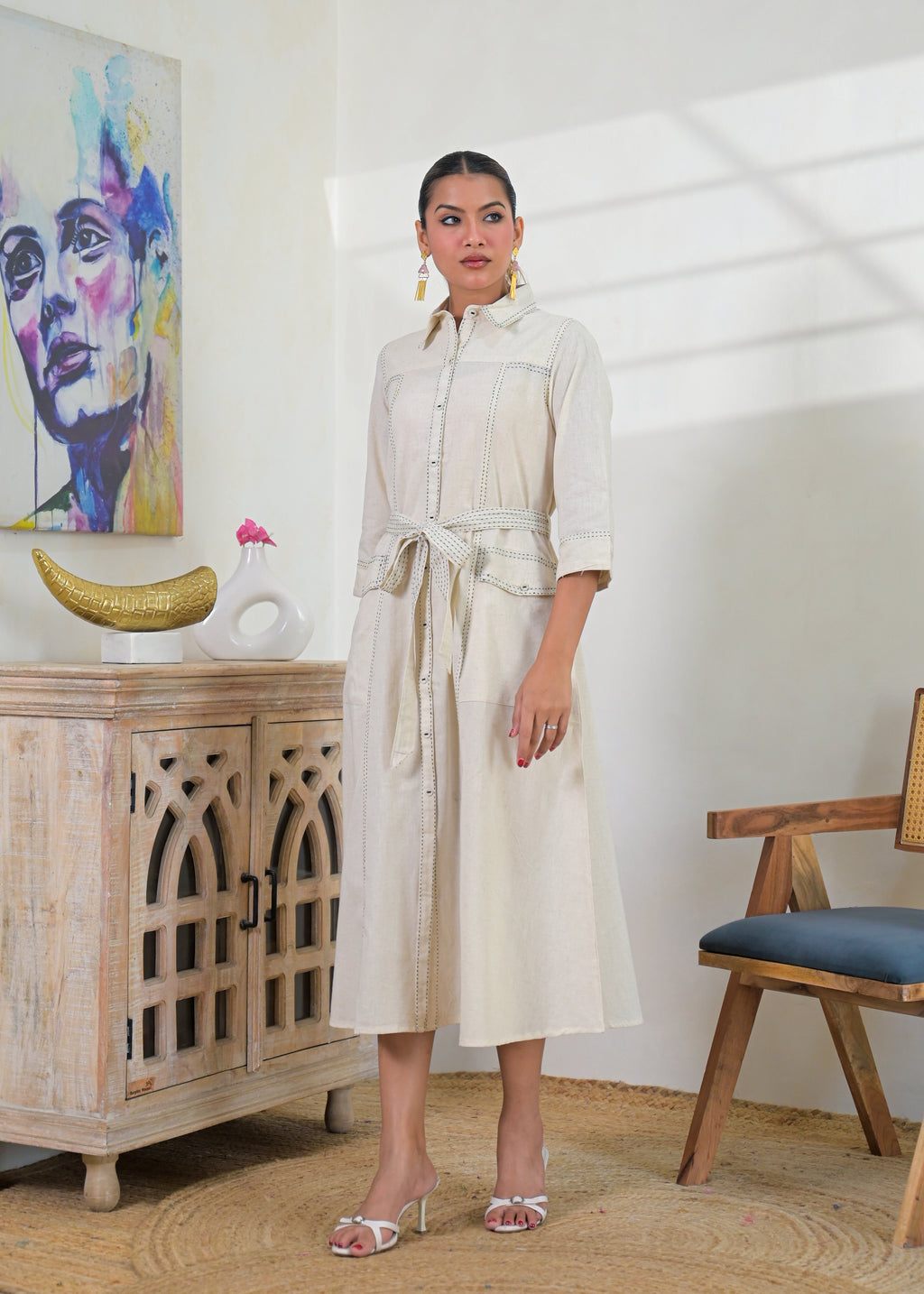 Contrast Stitch Belted Shirt Dress