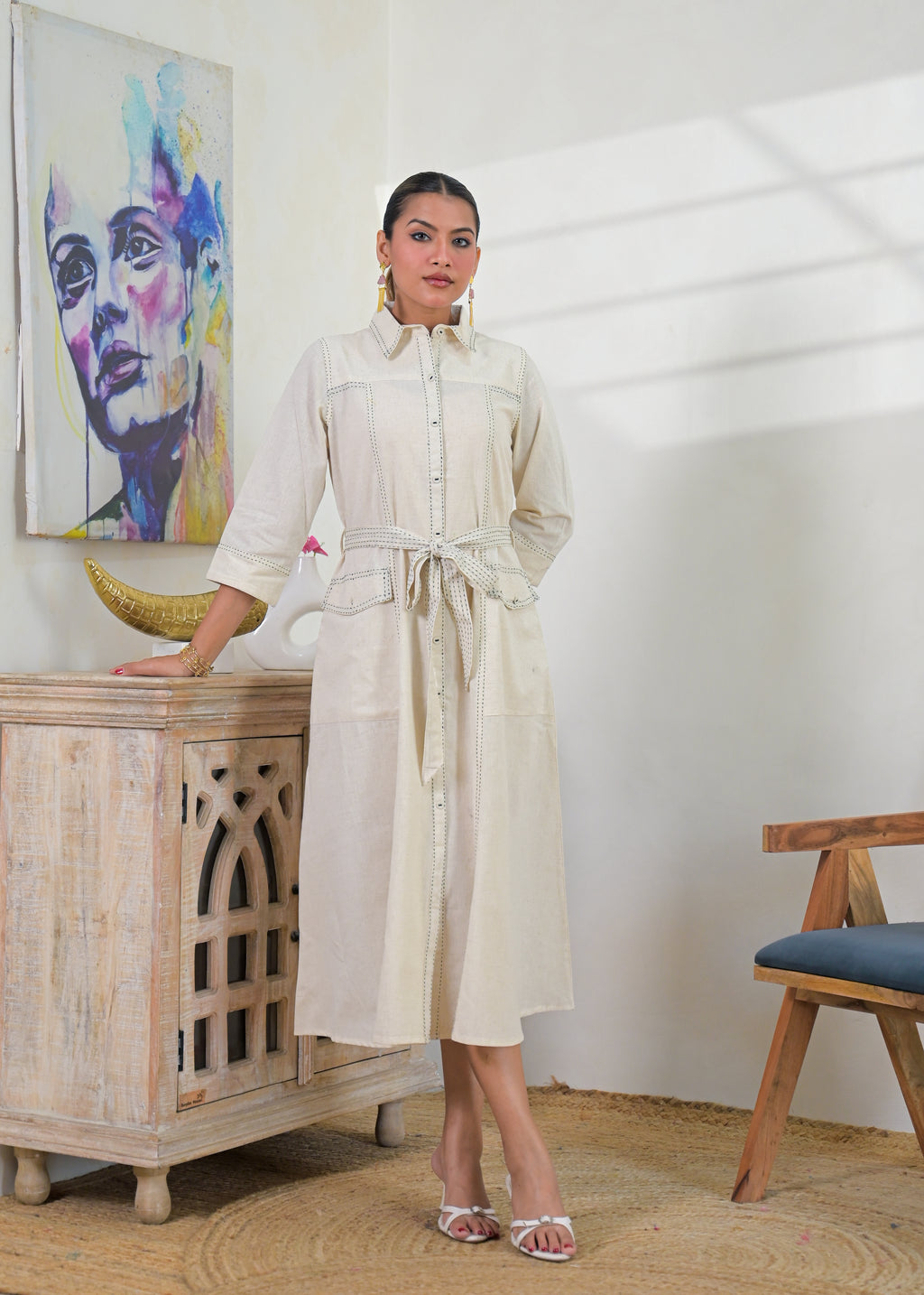 Contrast Stitch Belted Shirt Dress