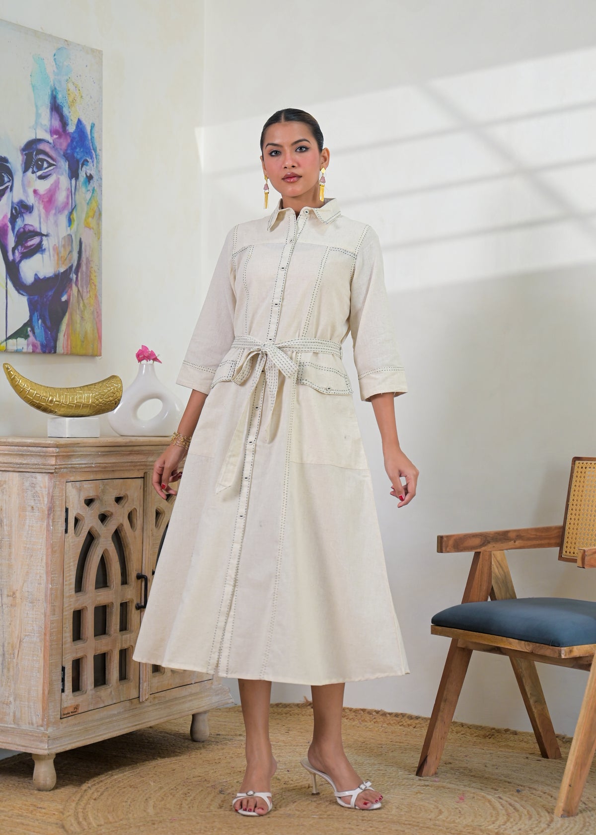 Contrast Stitch Belted Shirt Dress