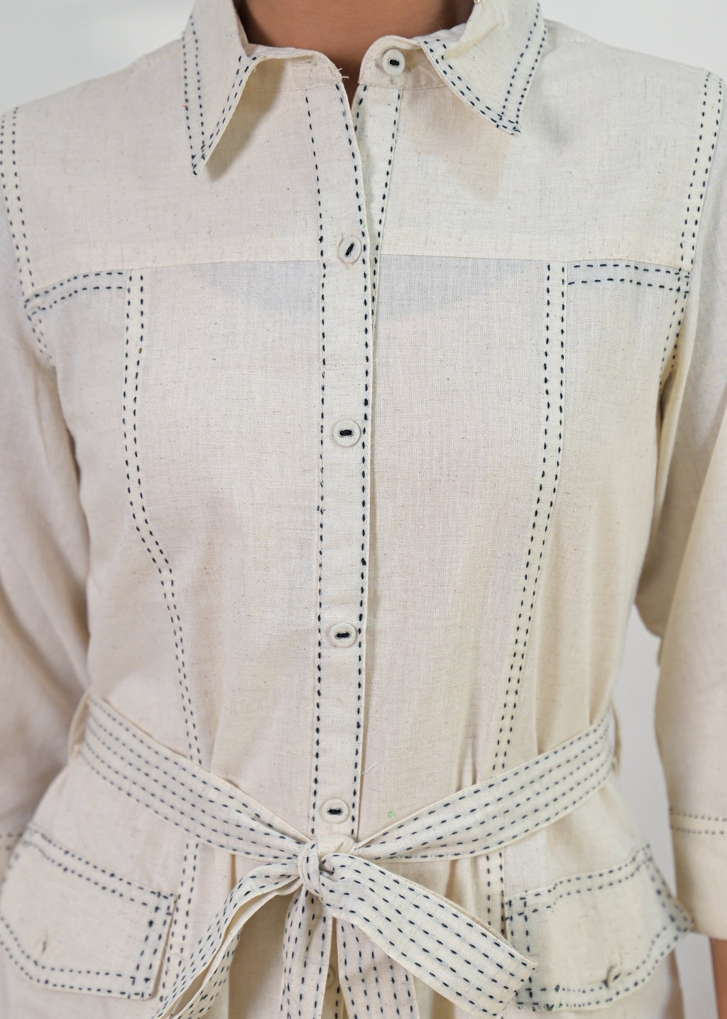 Contrast Stitch Belted Shirt Dress