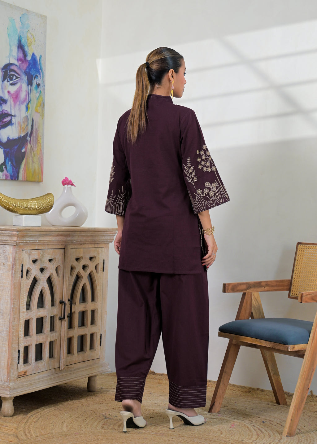 Floral Embroidered V-Neck Kurta Pant Set