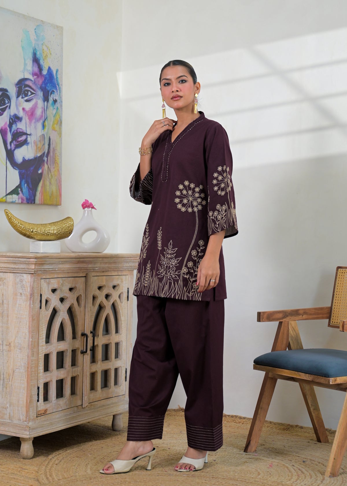 Floral Embroidered V-Neck Kurta Pant Set