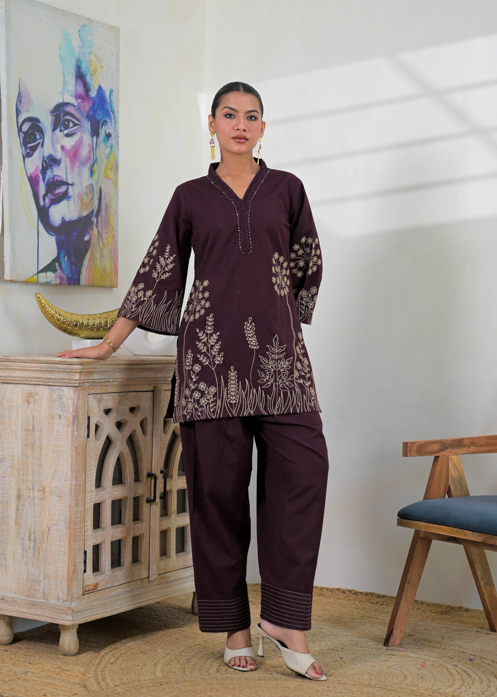 Floral Embroidered V-Neck Kurta Pant Set