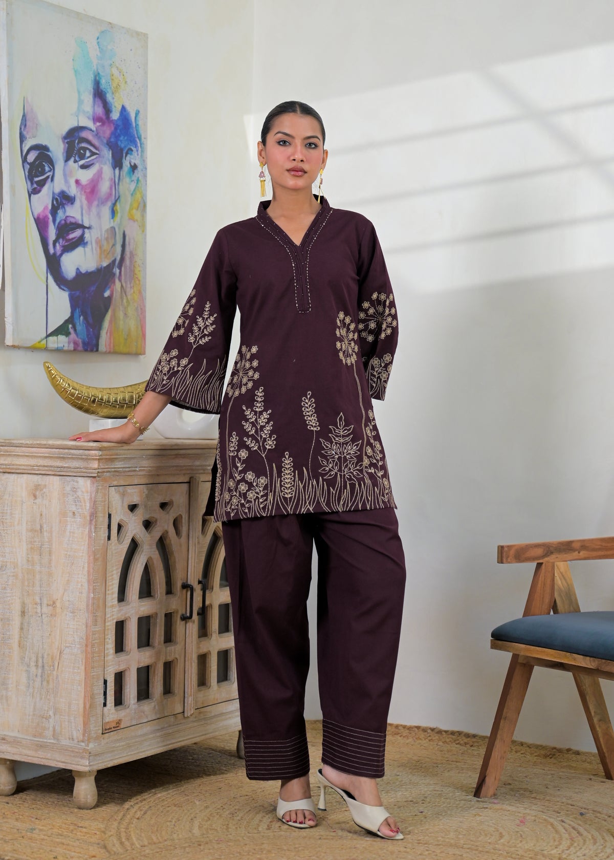 Floral Embroidered V-Neck Kurta Pant Set