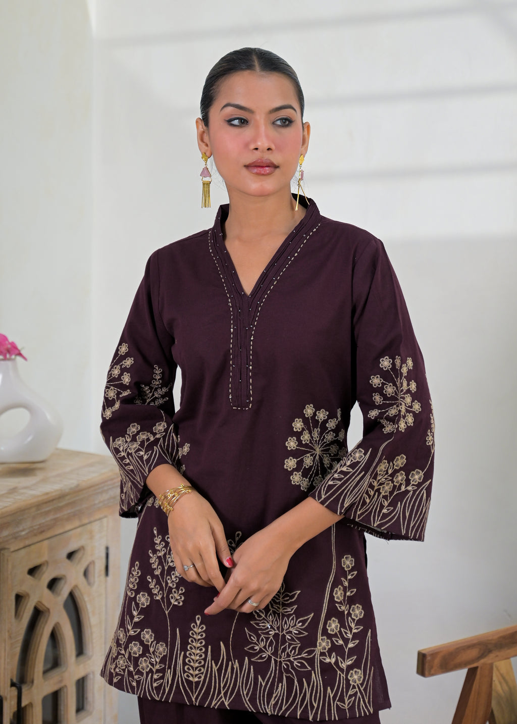 Floral Embroidered V-Neck Kurta Pant Set