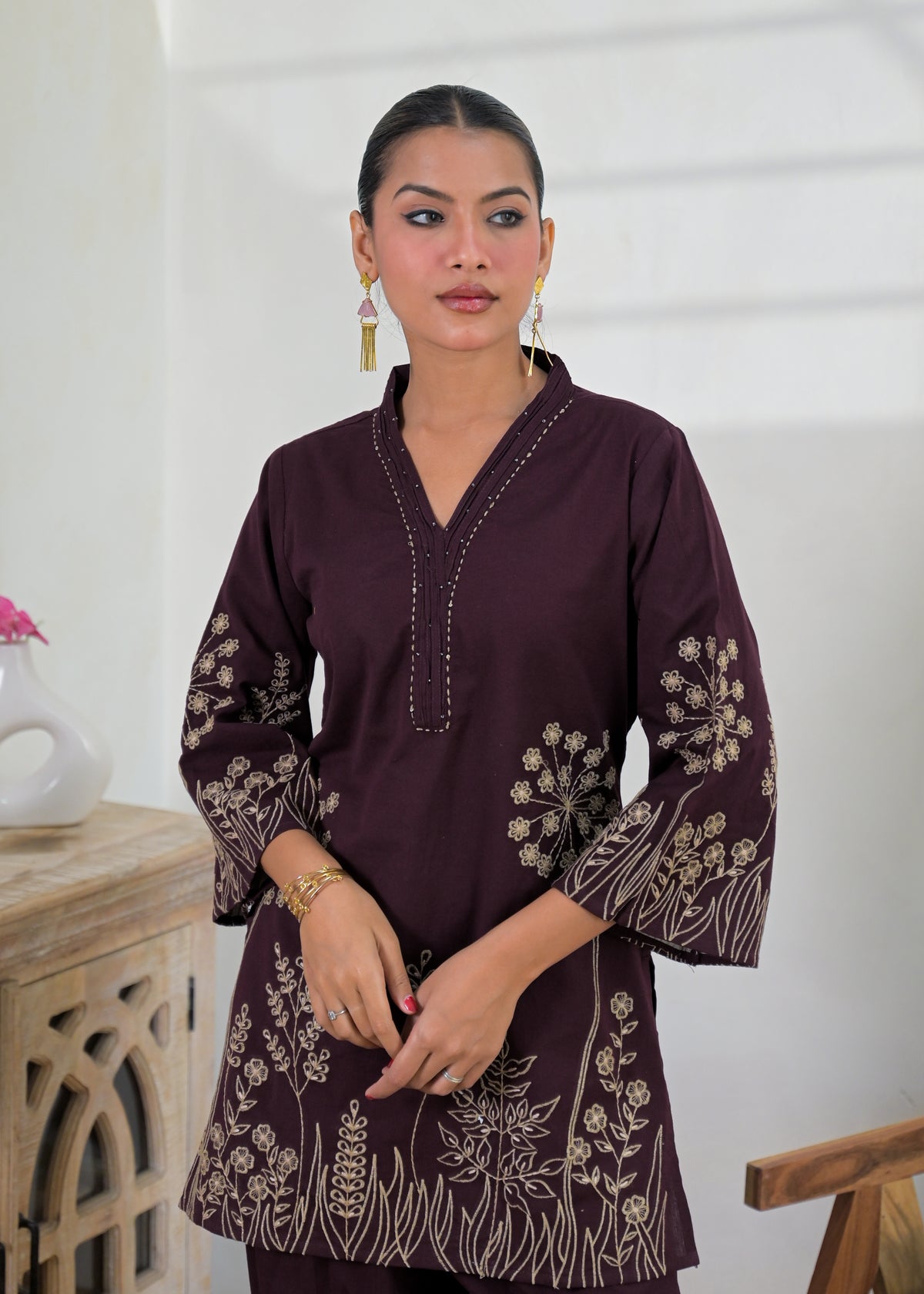 Floral Embroidered V-Neck Kurta Pant Set
