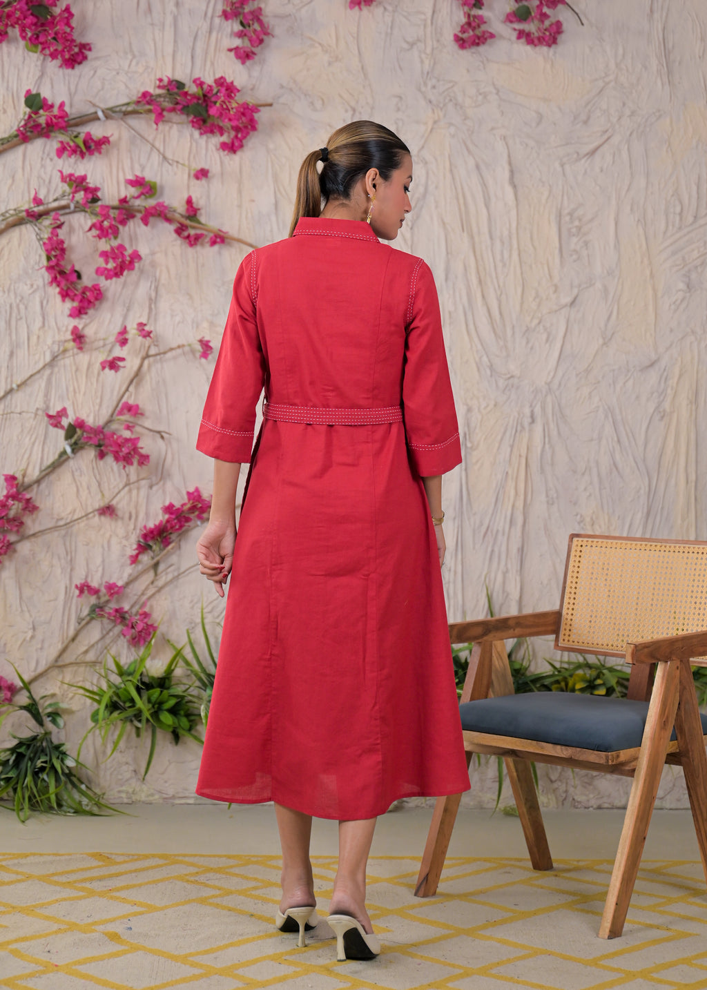 Contrast Stitch Belted Shirt Dress