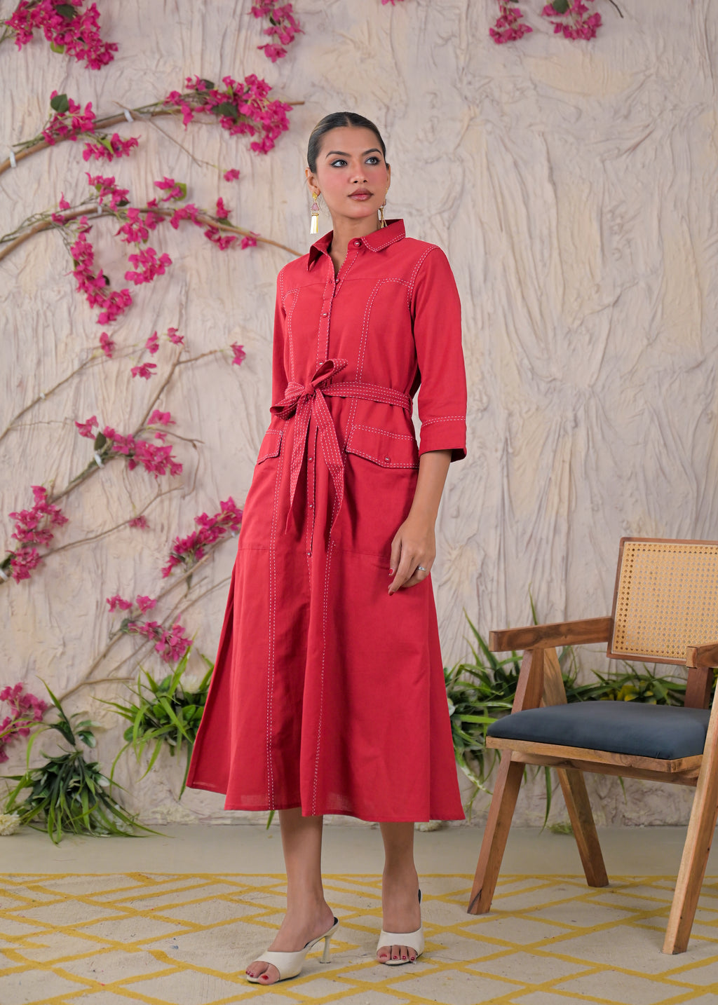 Contrast Stitch Belted Shirt Dress