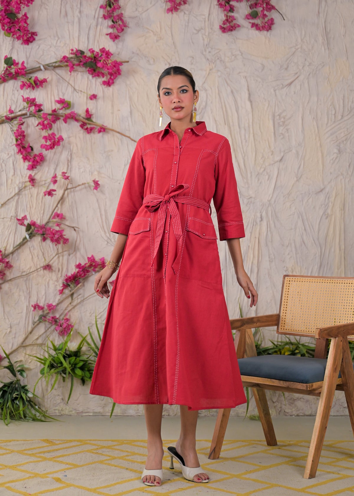 Contrast Stitch Belted Shirt Dress