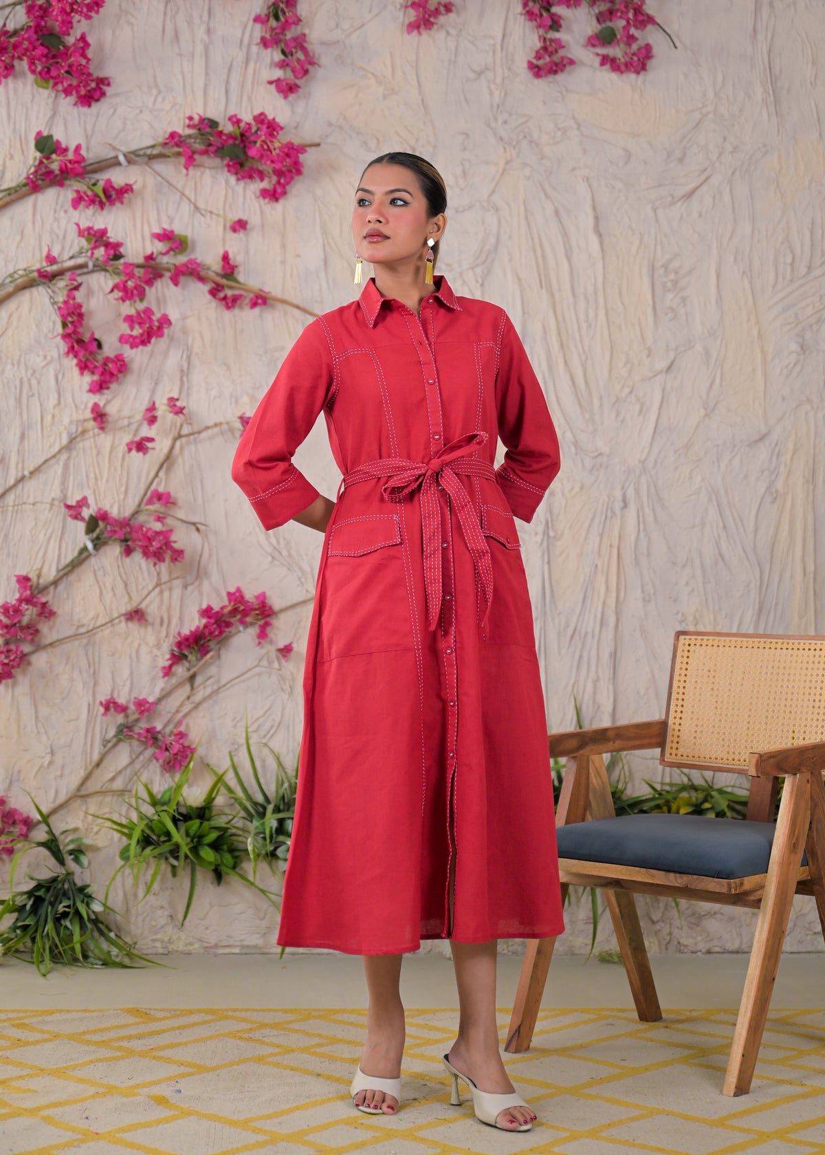 Contrast Stitch Belted Shirt Dress
