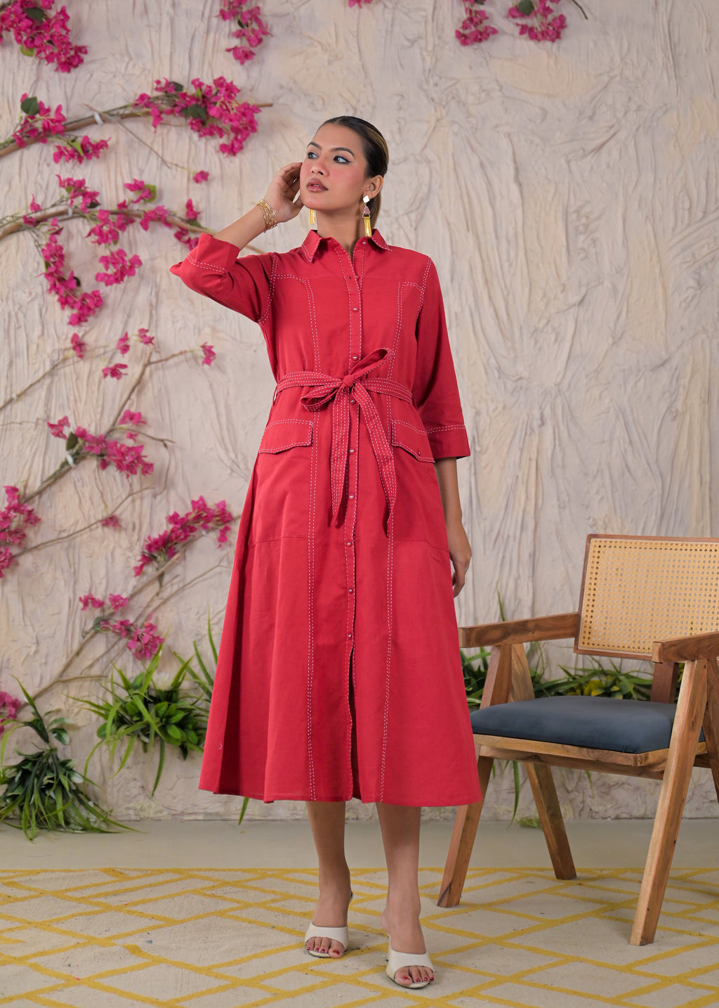 Contrast Stitch Belted Shirt Dress