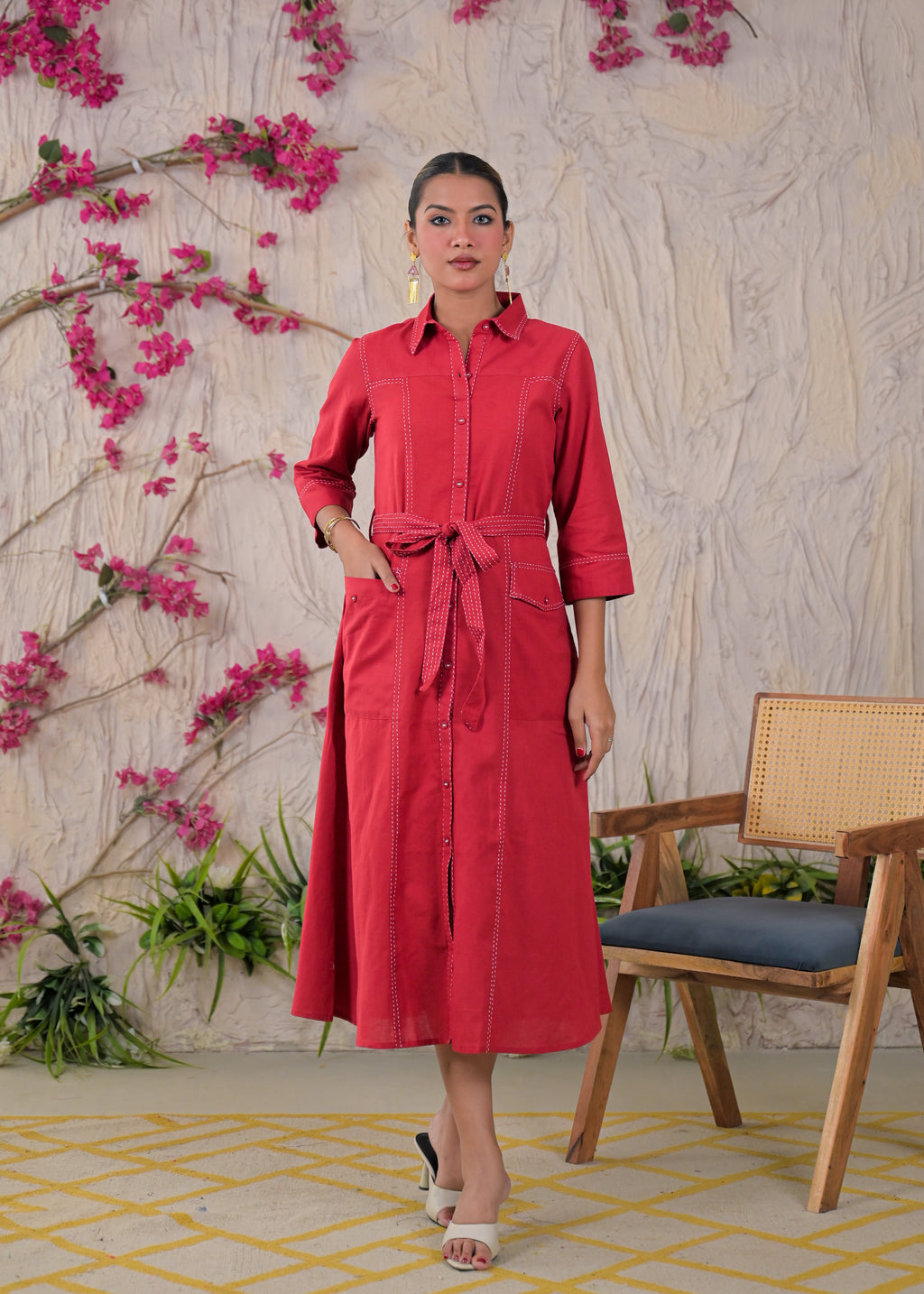 Contrast Stitch Belted Shirt Dress