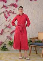 Contrast Stitch Belted Shirt Dress
