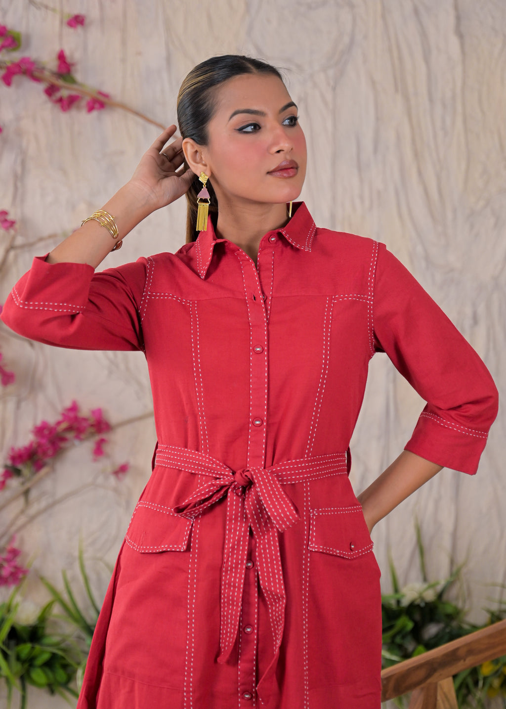 Contrast Stitch Belted Shirt Dress